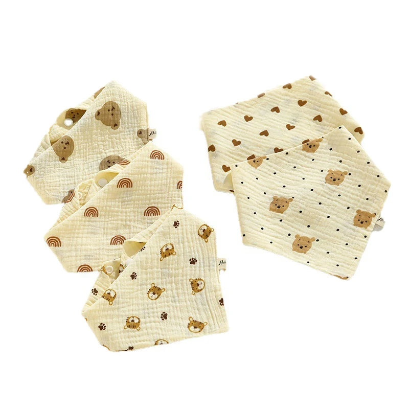0-2Year Baby Bibs Saliva Scarf 5Pcs Triangle Scarf Cartoon Bear 4-Layer Linen Cotton Newborn Boy Girl Absorbent Cloth Baby Bibs