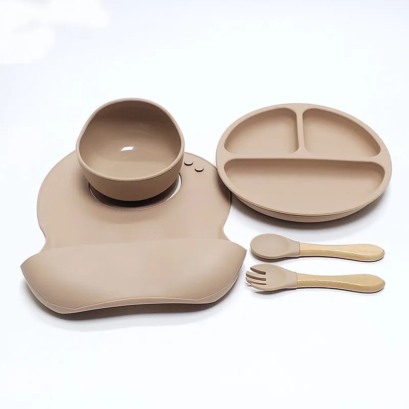 5pcs Children's Silicone Dinner Plate Set Strong Suction Anti-Fall Children's Eating Training Bowl Fork Spoon Feeding Tableware