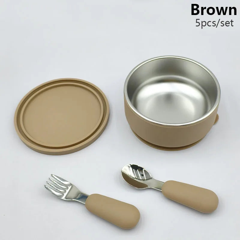 Silicone Baby Feeding Bowl With Lid Spoon Fork 316 Stainless Steel Bowl Personalized Name Children's Tableware Snack Fruit Bowl