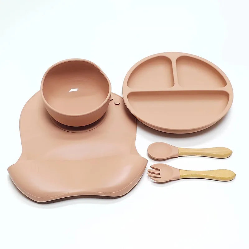 5pcs Children's Silicone Dinner Plate Set Strong Suction Anti-Fall Children's Eating Training Bowl Fork Spoon Feeding Tableware