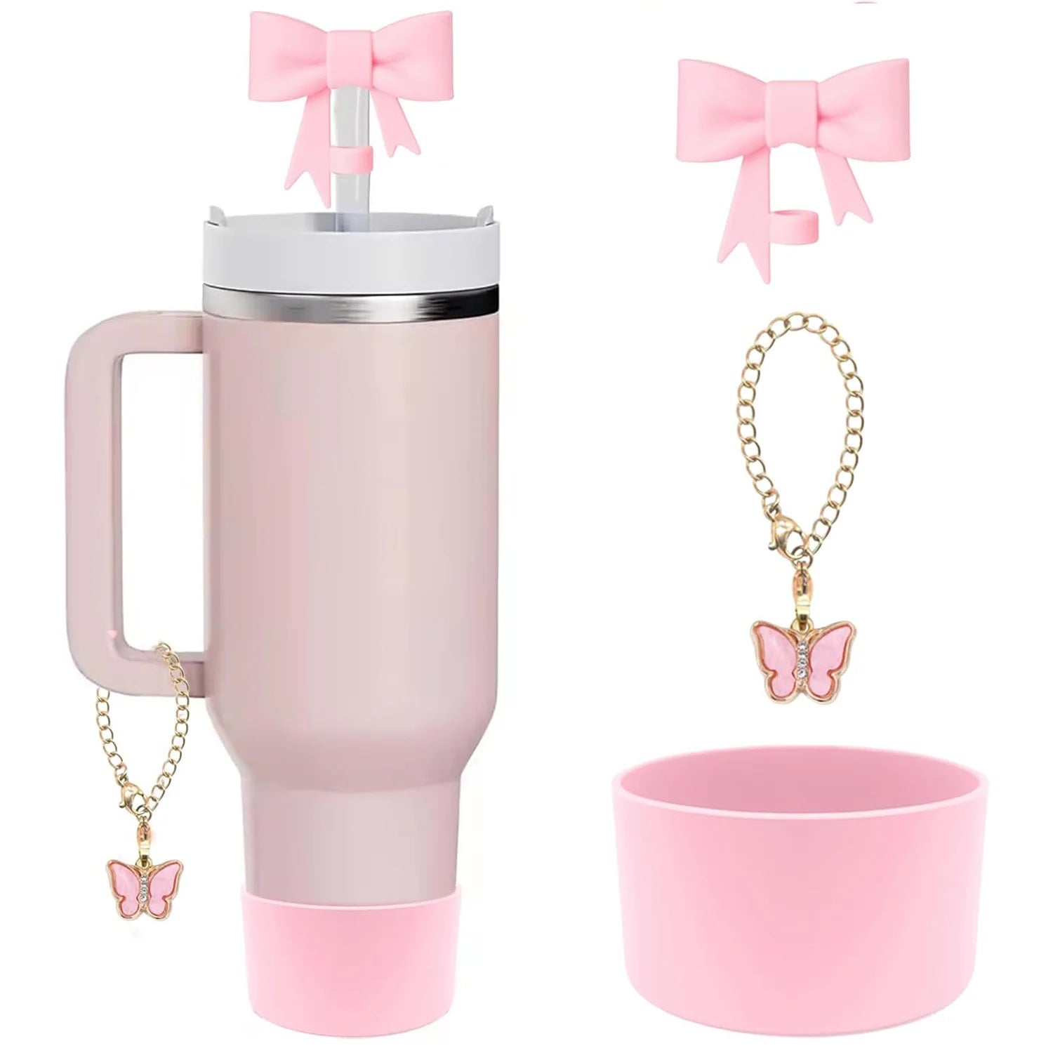 Bow Straw Cover for Stanley Cup Silicone Topper Pink Butterfly Chain Silicone Boot Pink Cup Accessories Set for 30/40 OZ Tumbler