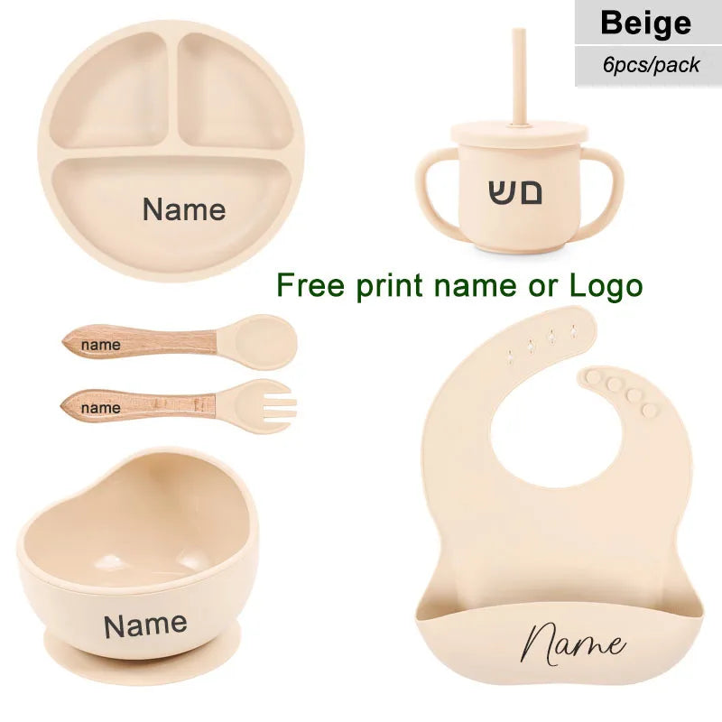6Pcs Baby Feeding Set Free Personalized Name Children's Silicone Tableware  Sucker Cup Bowl Plate For Kids Newborn Gift BPA Free