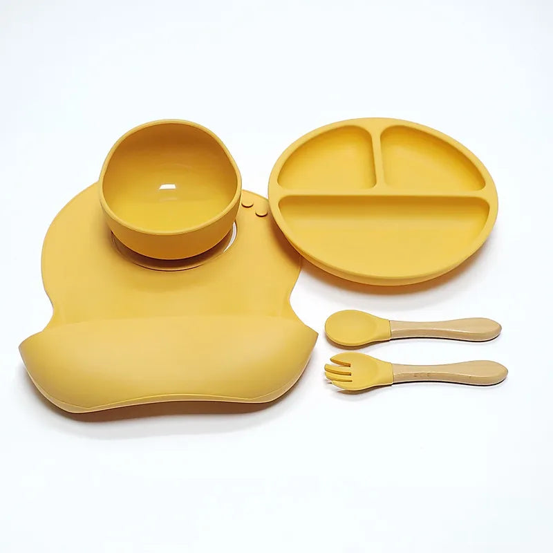 5pcs Children's Silicone Dinner Plate Set Strong Suction Anti-Fall Children's Eating Training Bowl Fork Spoon Feeding Tableware