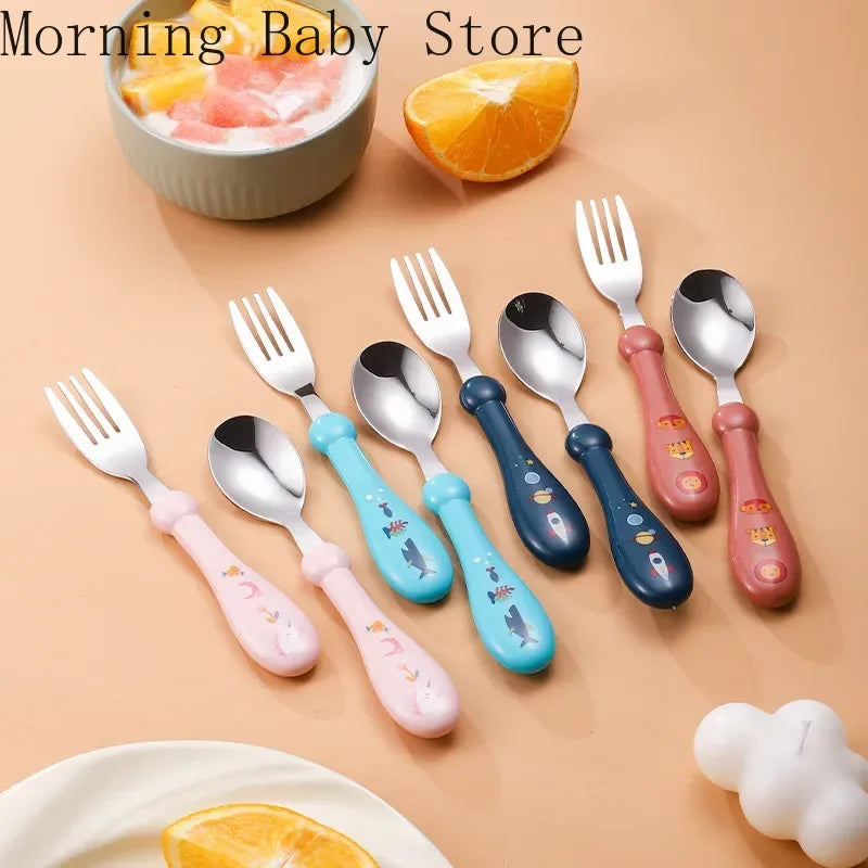 Cartoon Rocket Shark Pattern Baby Spoon Fork Children Feeding Cutlery Utensil Toddler Infant Tableware Baby Feeding Accessories