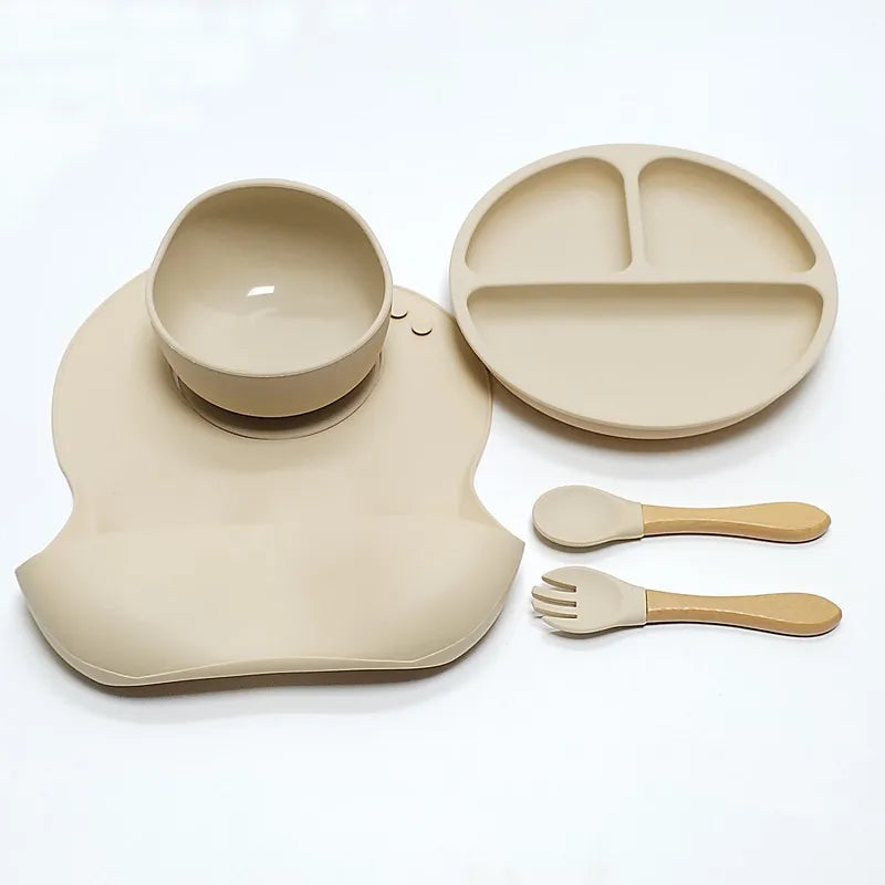 5pcs Children's Silicone Dinner Plate Set Strong Suction Anti-Fall Children's Eating Training Bowl Fork Spoon Feeding Tableware