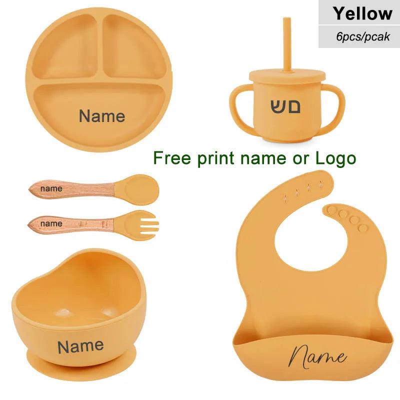6Pcs Baby Feeding Set Free Personalized Name Children's Silicone Tableware  Sucker Cup Bowl Plate For Kids Newborn Gift BPA Free