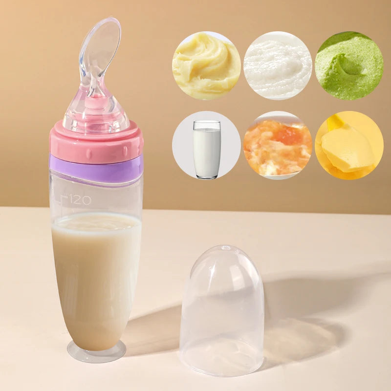 120 ml/4oz Infant Baby Liquid Silicone Food Squeeze Feeder | Fruit Puree & Rice Paste Dispenser | Detachable Spoon