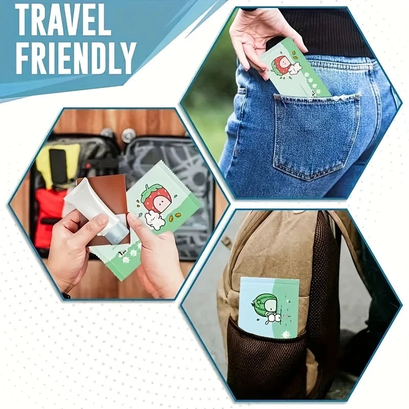 100/200 Portable Travel Wipes - Non-Woven Fabric Material, Easy to Carry Camping and Outdoor Hygiene Essentials, Including Cartoon Pattern Design and Tissue Box, Suitable for Hiking, Picnic, Travel, Fun Packaging, Safety Pack