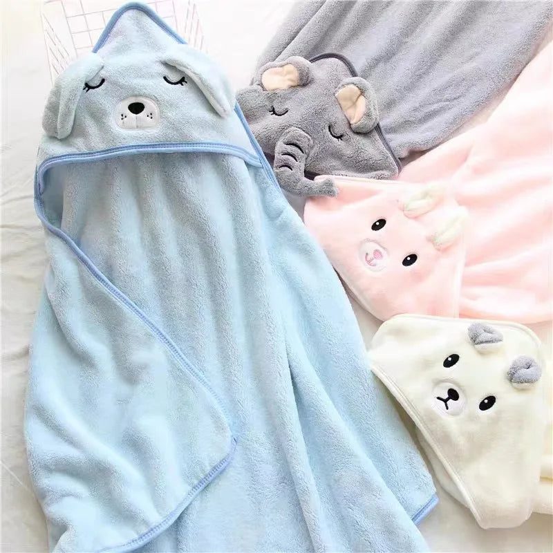 Cute Cartoon Hooded Coral Fleece Baby Towel Newborn Swaddle Hug Quilt Bath Towel for Infants Soft Comfortable New Baby Gift