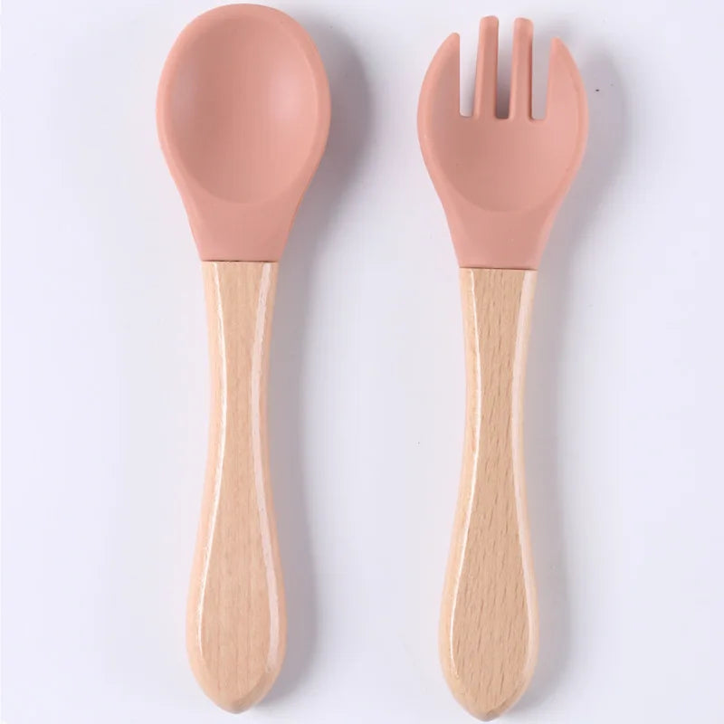 Custom Name Personalized Baby Bamboo Fork Silicone Wooden Feeding Spoon Toddlers Infant Feeding Accessories Organic BPA Free