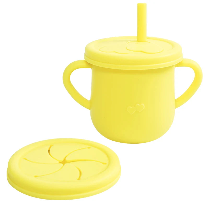 Silicone Baby Straw Cup - Cute Training Sippy Cup with Handles, Straws, Lids - Reusable Snack Cups Feeding Supplies for Toddlers