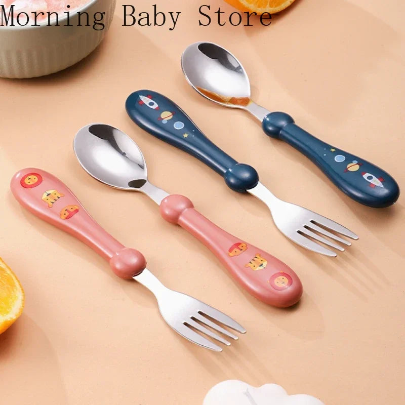 Cartoon Rocket Shark Pattern Baby Spoon Fork Children Feeding Cutlery Utensil Toddler Infant Tableware Baby Feeding Accessories
