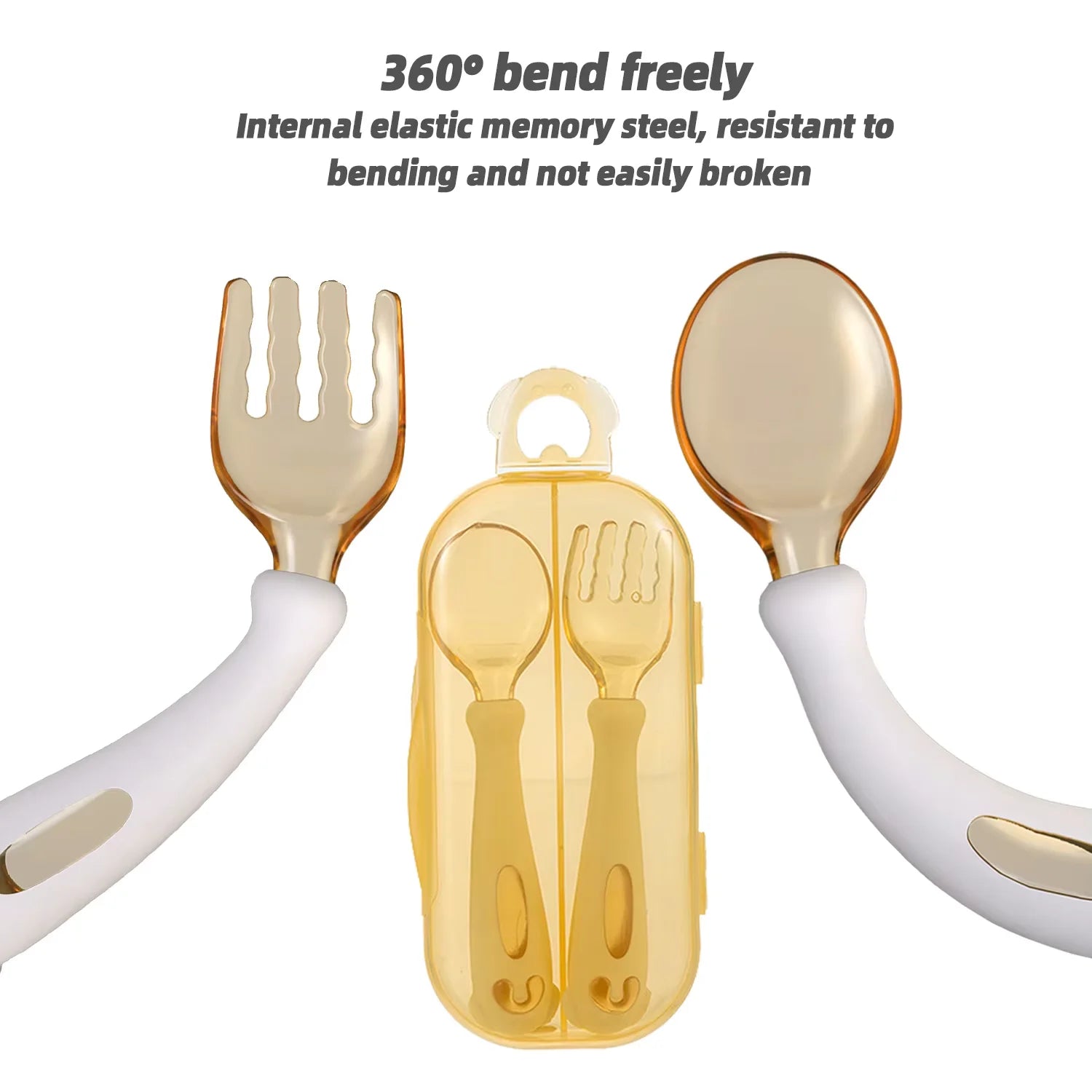 1set Baby Training Spoon Bendable Handle Tableware Fork Set 100% Food Grade White Puppy Design Tritan Silicone Learning Spoon
