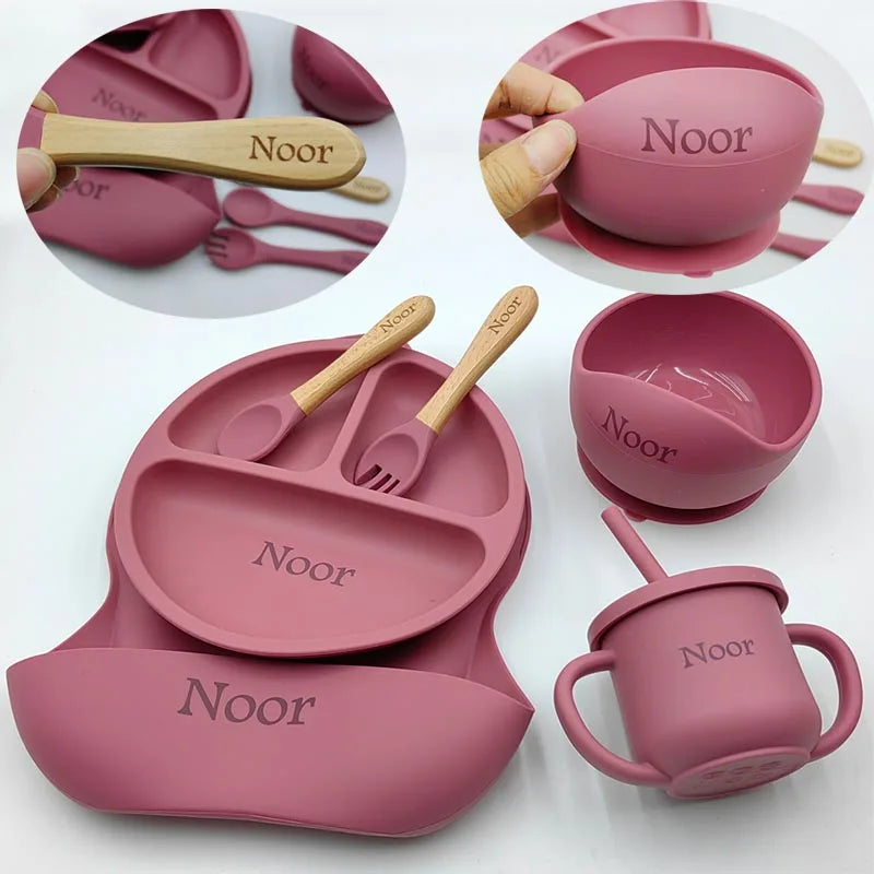 6Pcs Baby Feeding Set Free Personalized Name Children's Silicone Tableware  Sucker Cup Bowl Plate For Kids Newborn Gift BPA Free