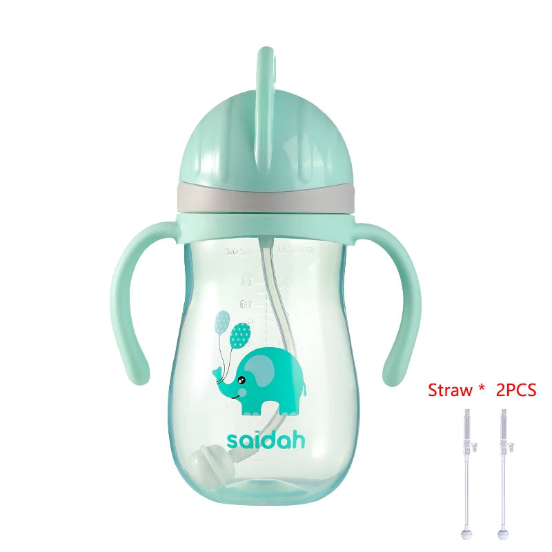 350ml V Shape Straw Sippy Cup Infant Baby Slide Lid Training Drinking Water Bottle Cups Cartoon Style Pattern Design