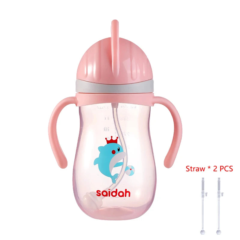 350ml V Shape Straw Sippy Cup Infant Baby Slide Lid Training Drinking Water Bottle Cups Cartoon Style Pattern Design
