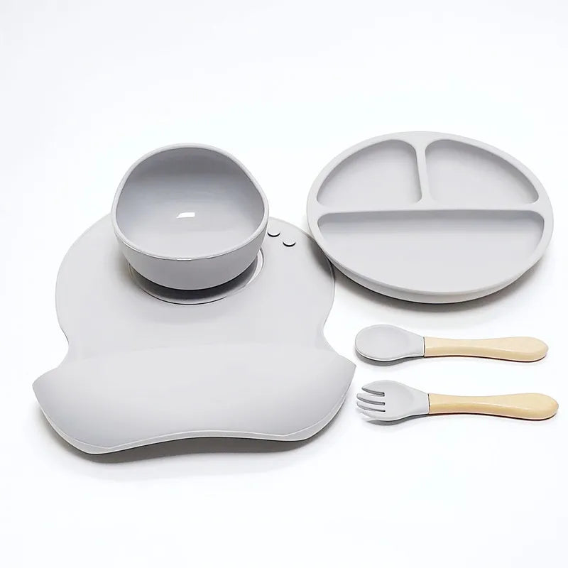 5pcs Children's Silicone Dinner Plate Set Strong Suction Anti-Fall Children's Eating Training Bowl Fork Spoon Feeding Tableware