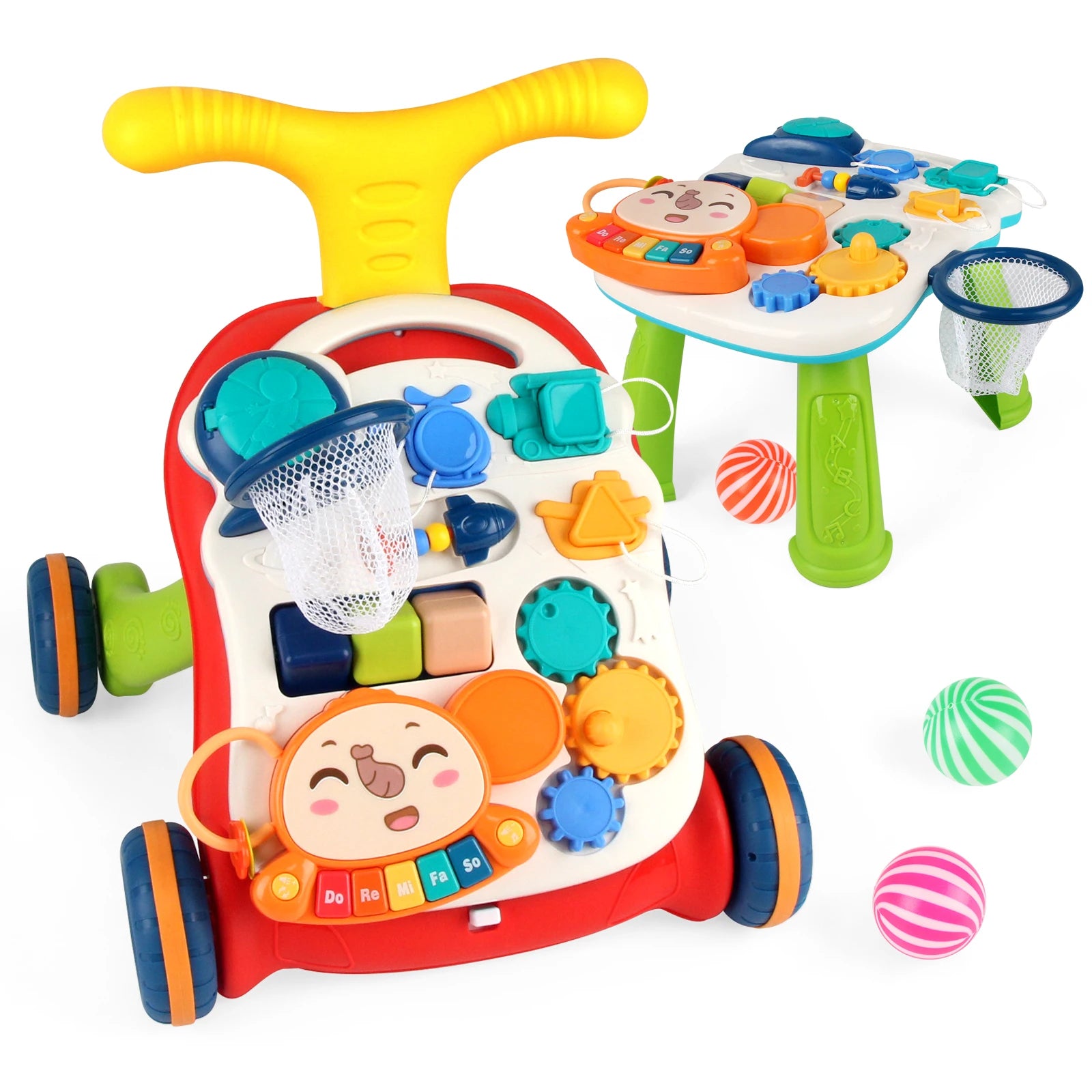 Baby Cartoon Push Walker Toys with Music Drawing Board Multifunction Activity Learning Walk Toddler Walker for 12M+ Infants