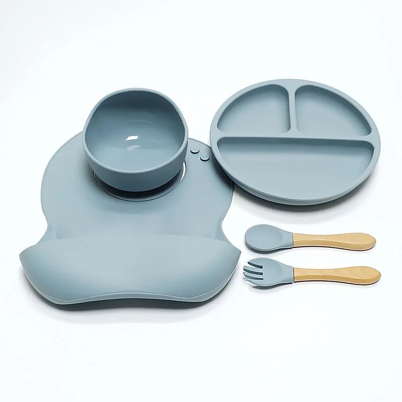 5pcs Children's Silicone Dinner Plate Set Strong Suction Anti-Fall Children's Eating Training Bowl Fork Spoon Feeding Tableware