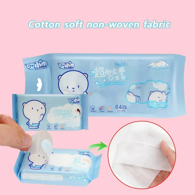 64pcs Disposable Super Mini Wet Wipes Portable Small Package Extraction Hand And Mouth Cleaning Wipes Home School Supplies