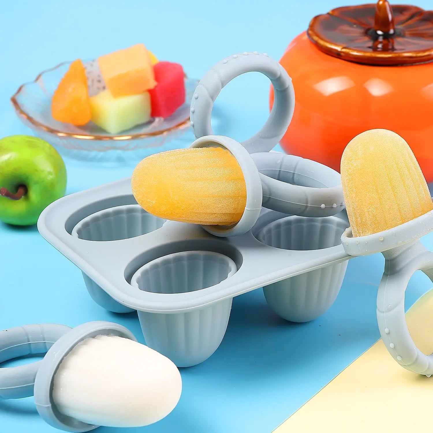 5PCS Baby Fruit and Vegetable Teether Silicone Hand Ring Food Supplement Squeezing Rabbit Shape Bite Feeding Tableware BPA Free