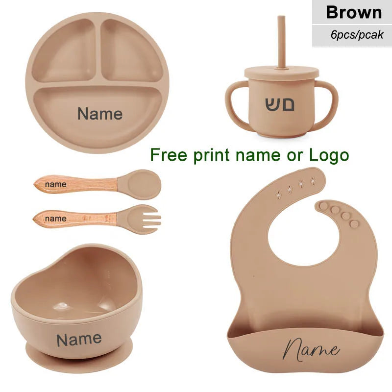 6Pcs Baby Feeding Set Free Personalized Name Children's Silicone Tableware  Sucker Cup Bowl Plate For Kids Newborn Gift BPA Free