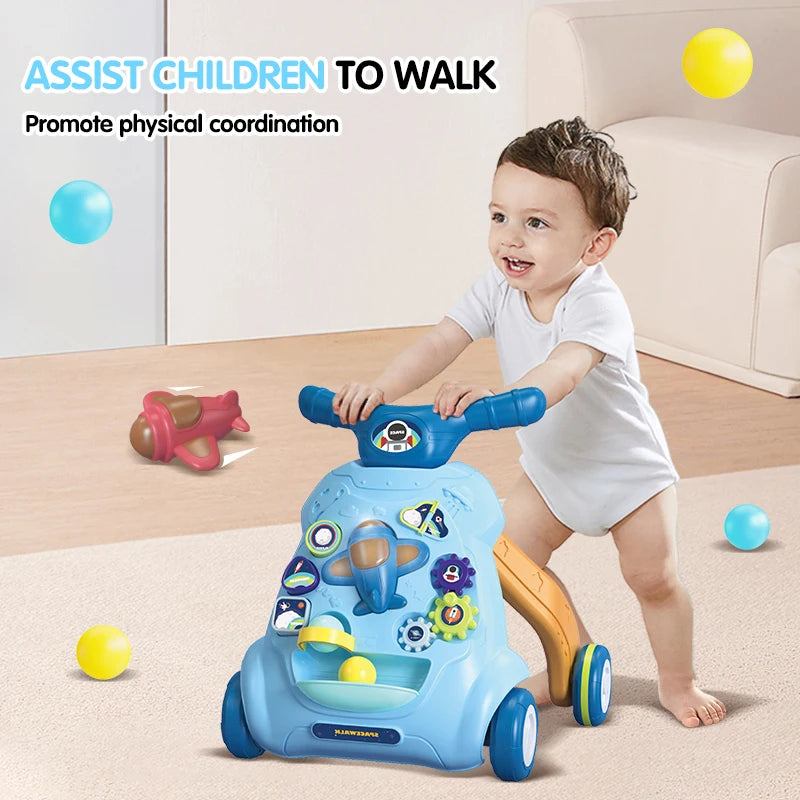 Baby Toddler Walker Push Toy Interactive Music and Light Effect Musical Montessori Activity Push Baby Walkers with Safety Brake