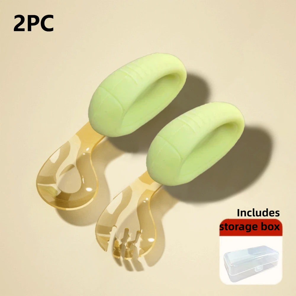 Toddler Spoon and Fork with Bendable Silicone Grip and PPSU Head Storage Box for Baby Self-feeding