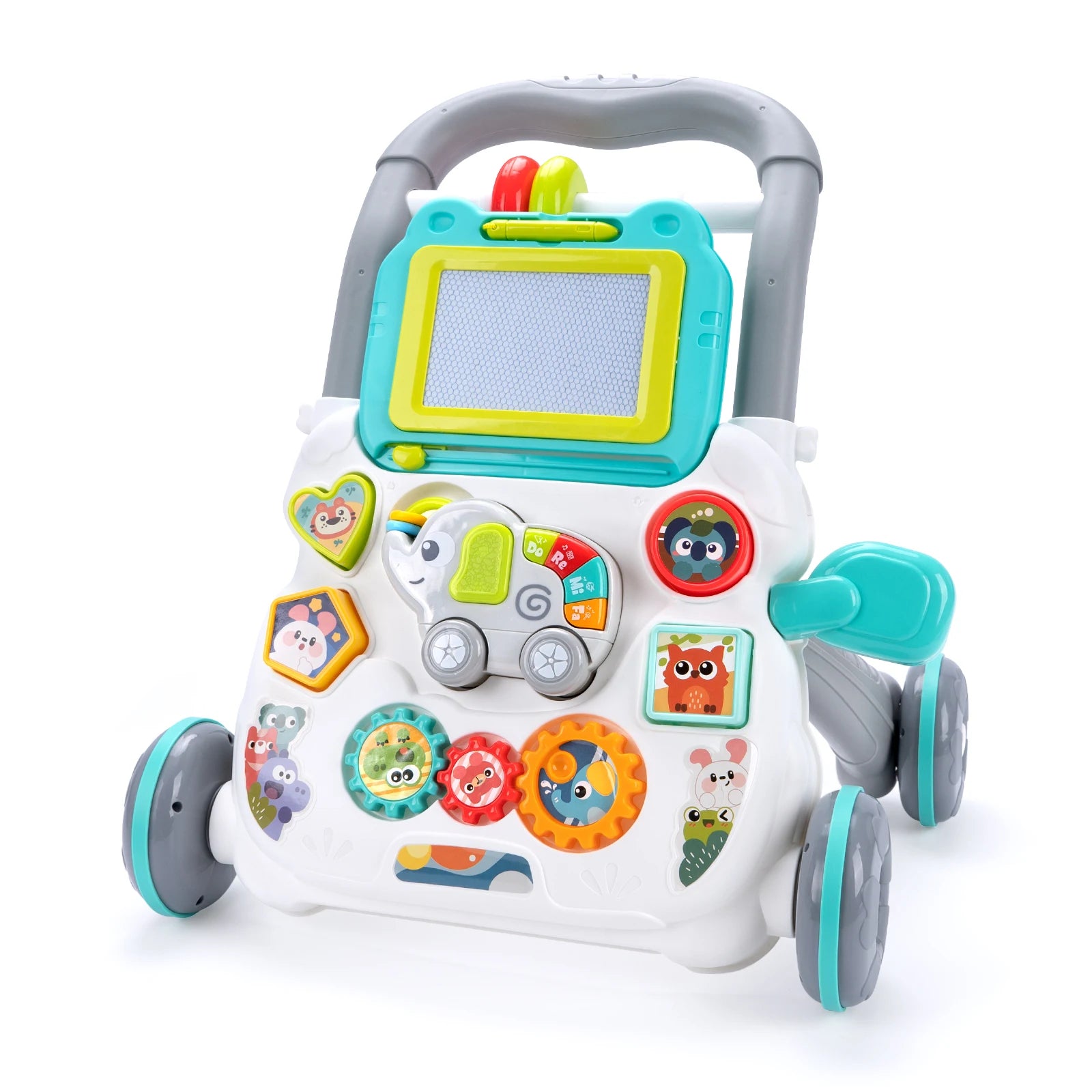 Baby Cartoon Push Walker Toys with Music Drawing Board Multifunction Activity Learning Walk Toddler Walker for 12M+ Infants