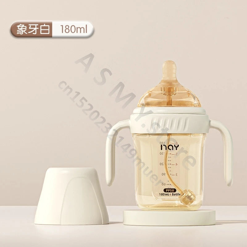 PPSU baby bottle, wide caliber, anti bloating and anti choking, baby learning drink cup, children's milk straw cup