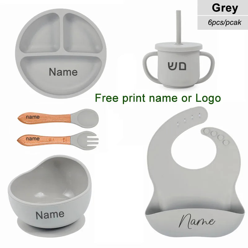 6Pcs Baby Feeding Set Free Personalized Name Children's Silicone Tableware  Sucker Cup Bowl Plate For Kids Newborn Gift BPA Free