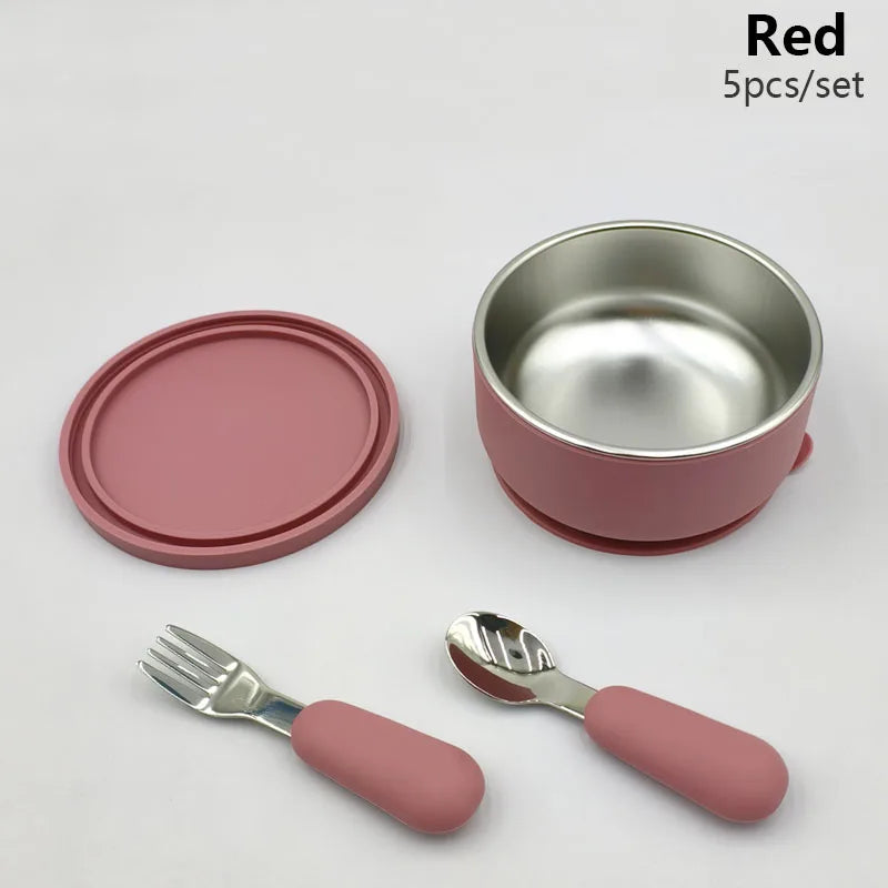 Silicone Baby Feeding Bowl With Lid Spoon Fork 316 Stainless Steel Bowl Personalized Name Children's Tableware Snack Fruit Bowl