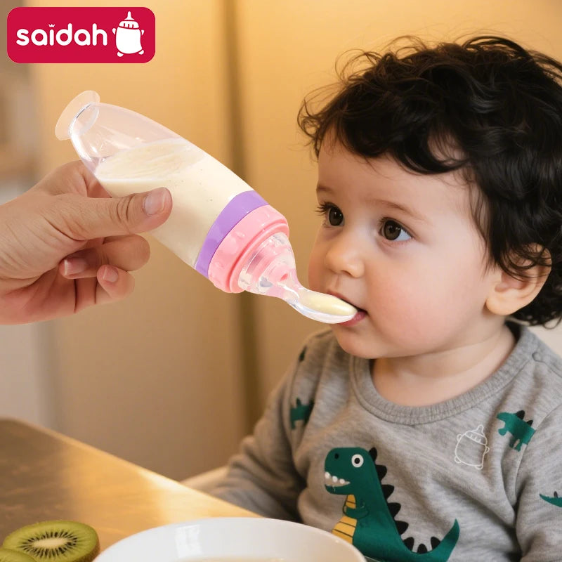 120 ml/4oz Infant Baby Liquid Silicone Food Squeeze Feeder | Fruit Puree & Rice Paste Dispenser | Detachable Spoon