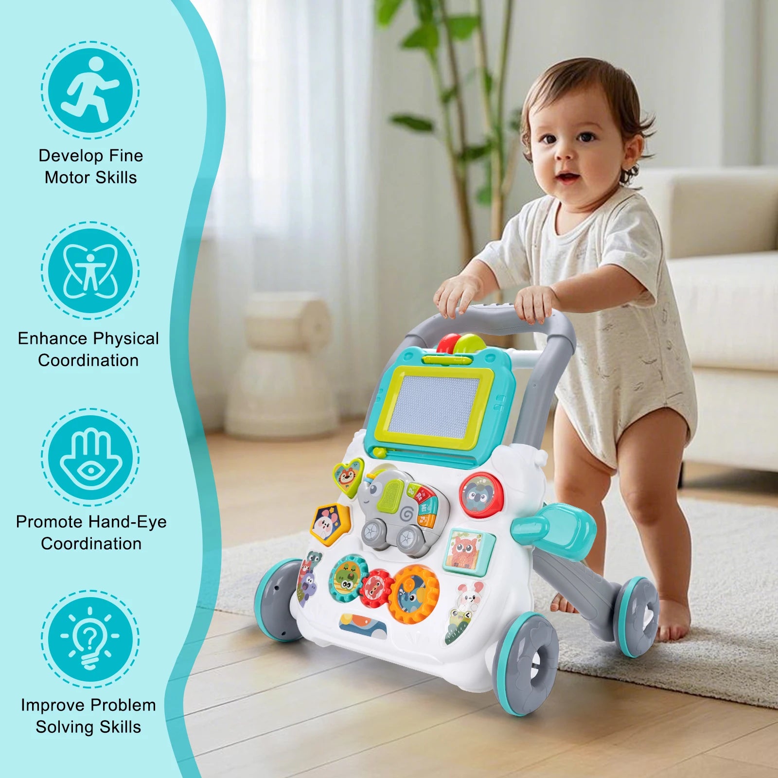 Baby Cartoon Push Walker Toys with Music Drawing Board Multifunction Activity Learning Walk Toddler Walker for 12M+ Infants