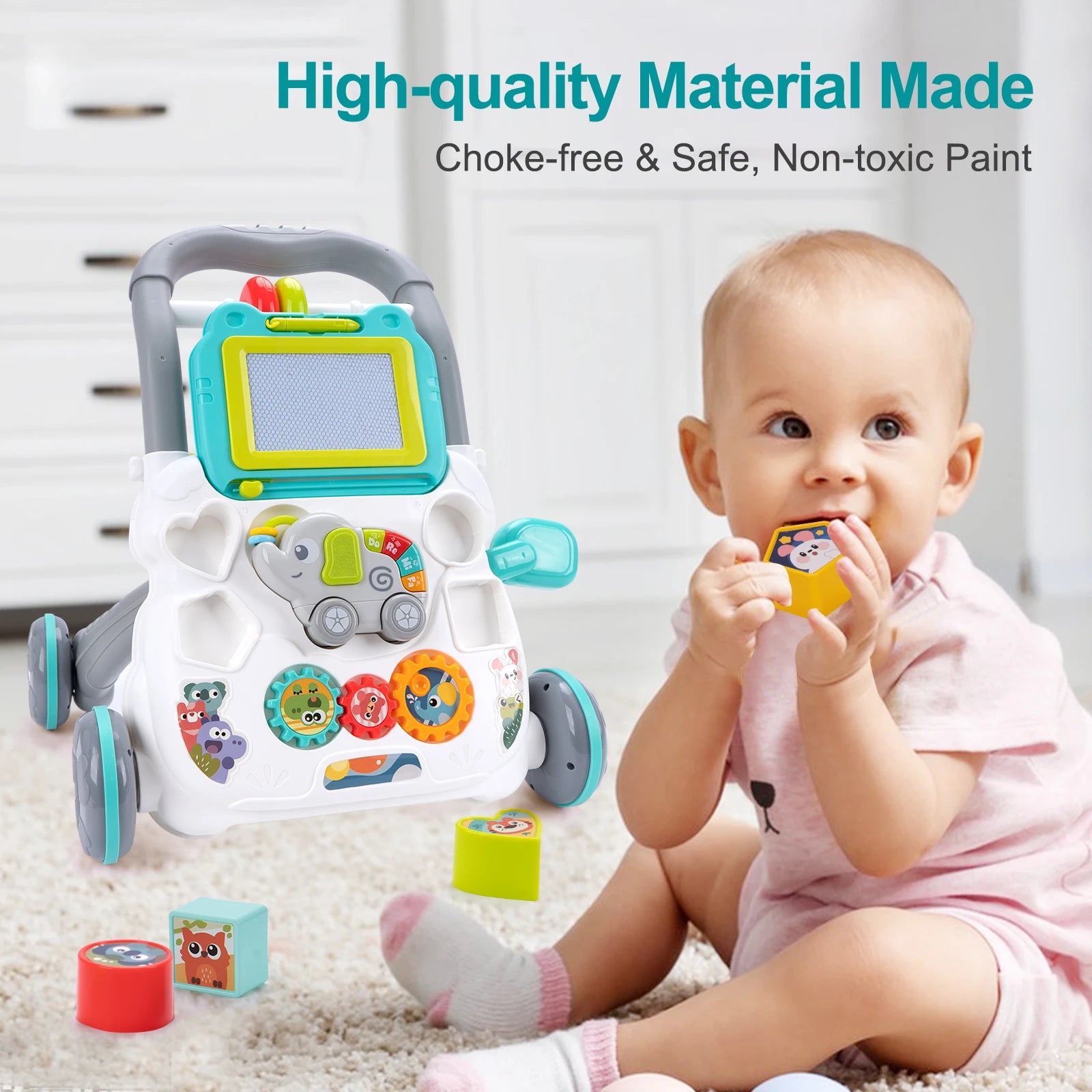 Baby Cartoon Push Walker Toys with Music Drawing Board Multifunction Activity Learning Walk Toddler Walker for 12M+ Infants