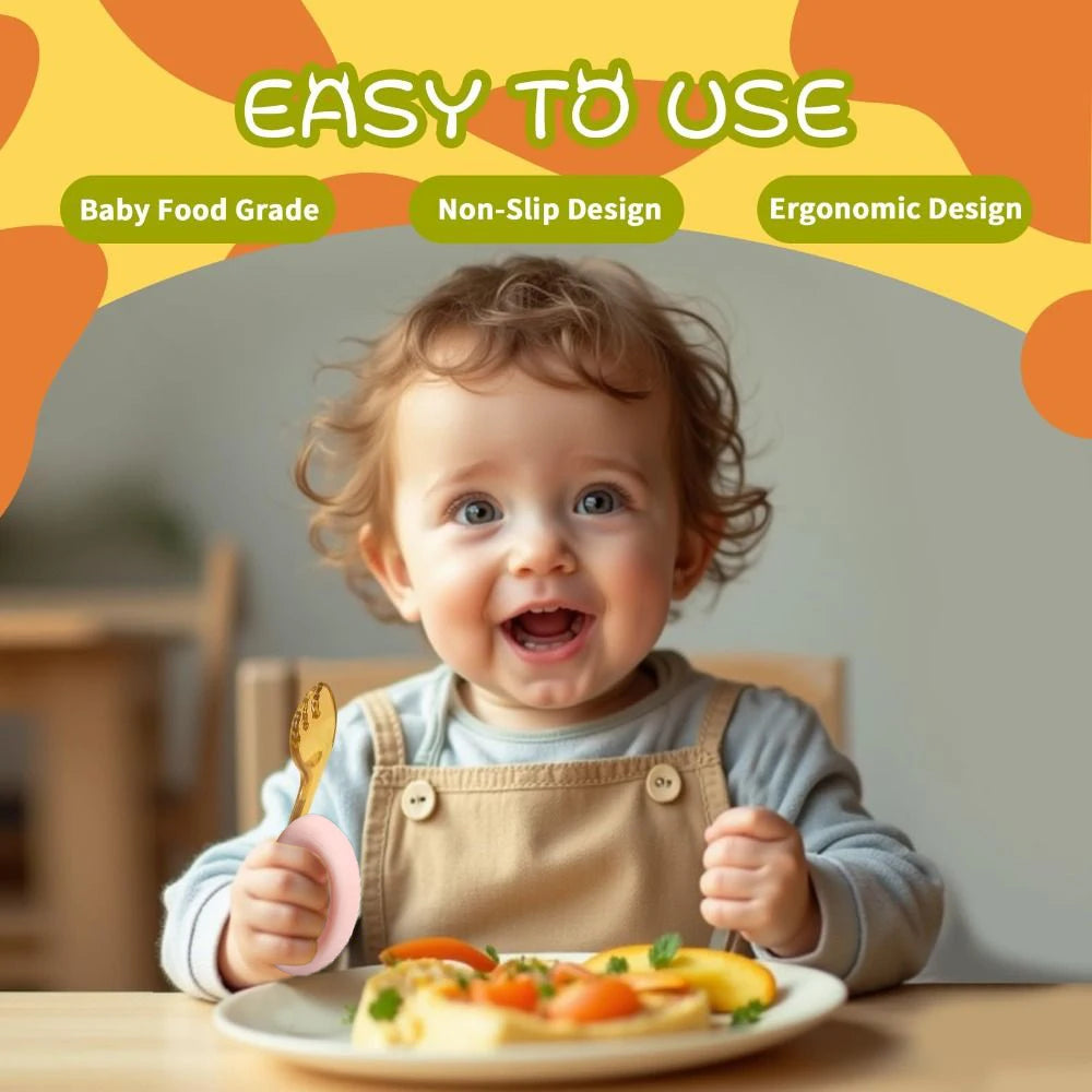 Toddler Spoon and Fork with Bendable Silicone Grip and PPSU Head Storage Box for Baby Self-feeding