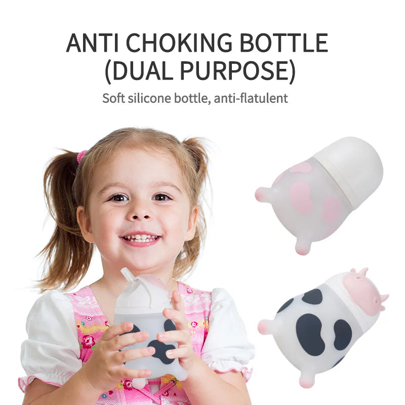2 PCS Baby Milk Bottle 150/240ml Silicone Bottle Cute Cow Shape 5cm Wide Neck Pacifier Baby Bottles 100% Food Grade Silicone