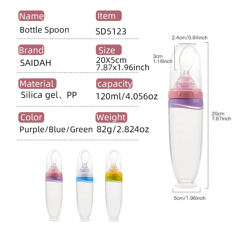 120 ml/4oz Infant Baby Liquid Silicone Food Squeeze Feeder | Fruit Puree & Rice Paste Dispenser | Detachable Spoon