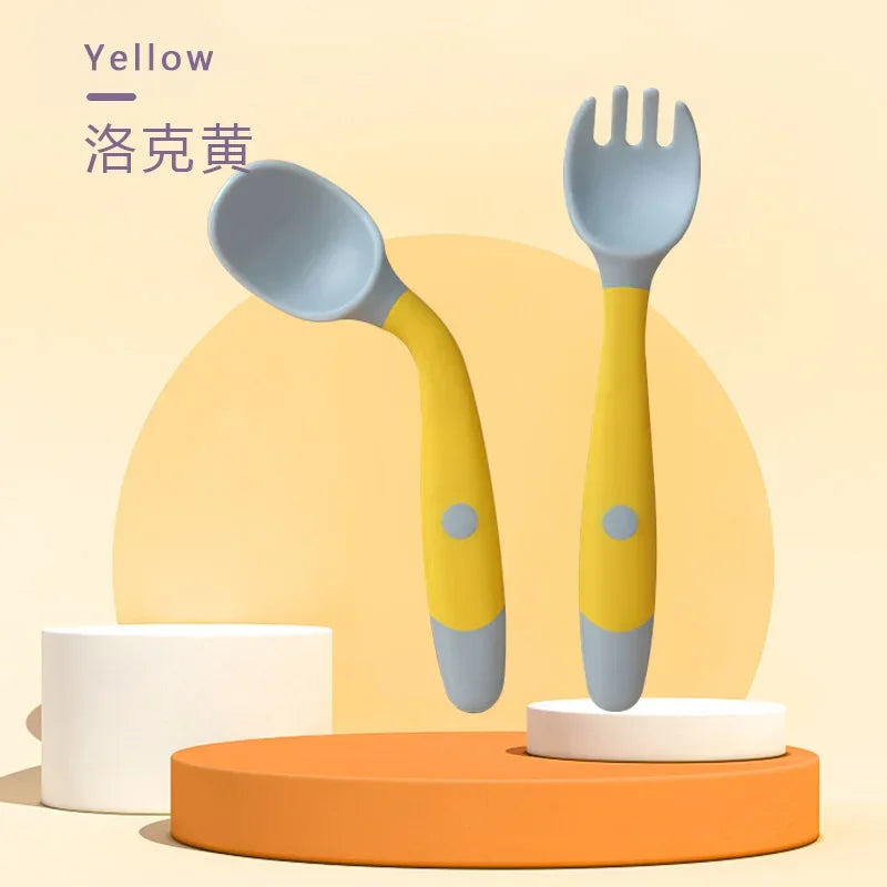 Baby And Children's Spoon And Fork Set Soft And Bendable Silicone Spoon And Fork Baby Learning Eating Training Tableware