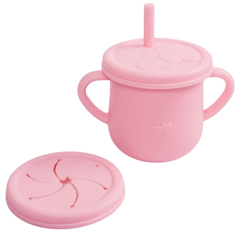 Silicone Baby Straw Cup - Cute Training Sippy Cup with Handles, Straws, Lids - Reusable Snack Cups Feeding Supplies for Toddlers