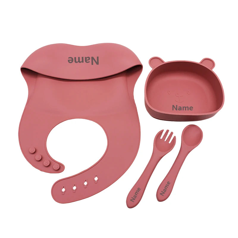 Free Name Printing Silicone Children's Tableware Feeding Bowl Silicone Fork Spoon Meal Training Holiday Gift