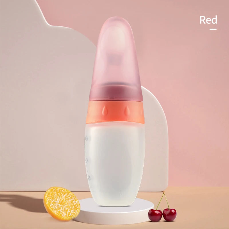 100ml Liquid Silicone Baby Feeder Rice Paste Fruit Puree Toddler Squeeze Feeding Bottle with Dispensing Spoon