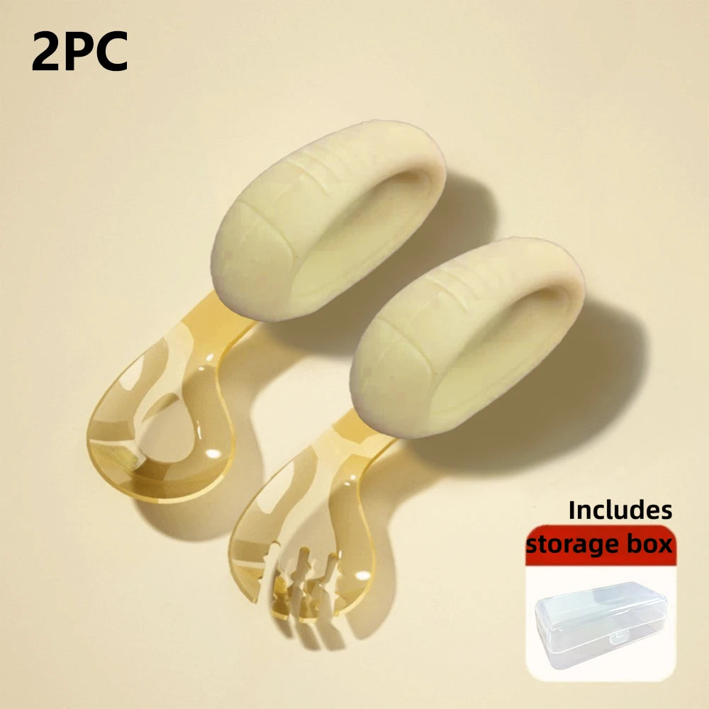 Toddler Spoon and Fork with Bendable Silicone Grip and PPSU Head Storage Box for Baby Self-feeding