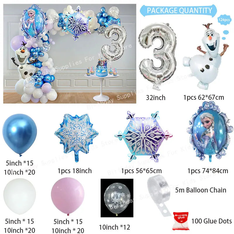 Frozen Birthday Party Decoration Set Anna Elsa Olaf Snowflake Banner Backdrop Balloons Kit Foil Garland Arch Balloon Baby Shower