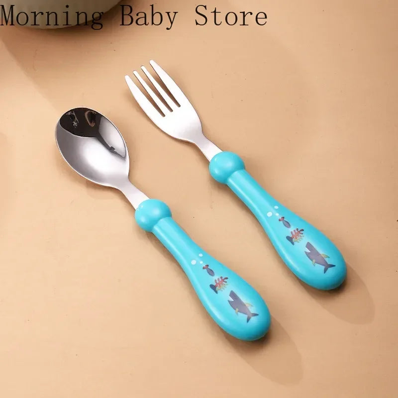 Cartoon Rocket Shark Pattern Baby Spoon Fork Children Feeding Cutlery Utensil Toddler Infant Tableware Baby Feeding Accessories