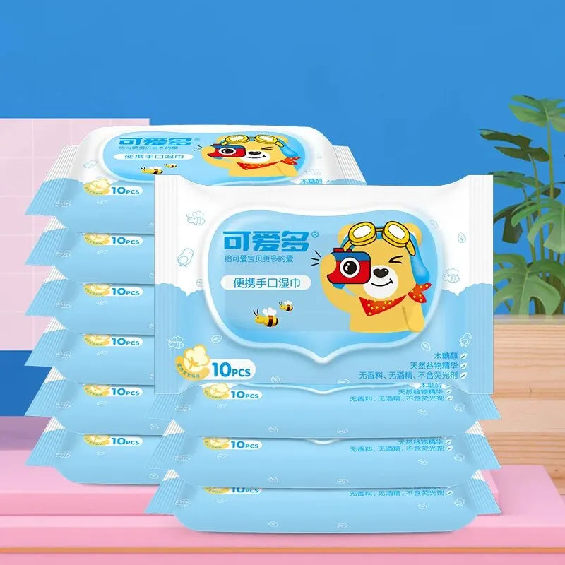 Individually Wrapped Hand & Mouth Wipes , 10Pack, Alcohol-Free & Hypoallergenic for Travel