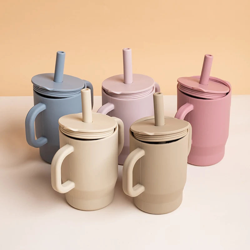 180ml Food-Grade Silicone Baby Learning Drinking Cup with Straw and Double Handles, Baby Training Drinking Cup