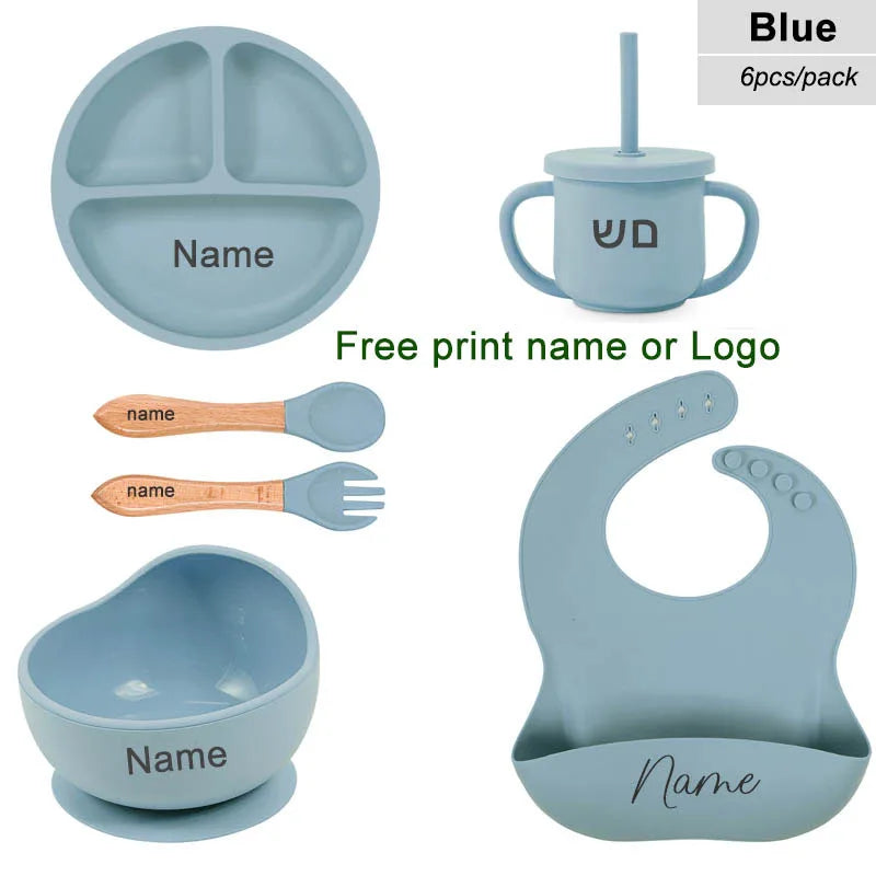 6Pcs Baby Feeding Set Free Personalized Name Children's Silicone Tableware  Sucker Cup Bowl Plate For Kids Newborn Gift BPA Free