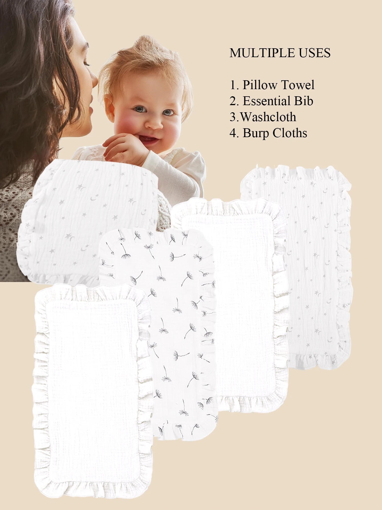 4Pcs/Set Soft Muslin Cotton Gauze Shoulder Rag Baby Burping Pad Ruffle Newborn Baby Burp Cloths