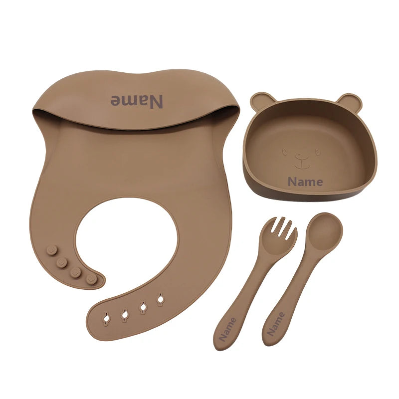 Free Name Printing Silicone Children's Tableware Feeding Bowl Silicone Fork Spoon Meal Training Holiday Gift